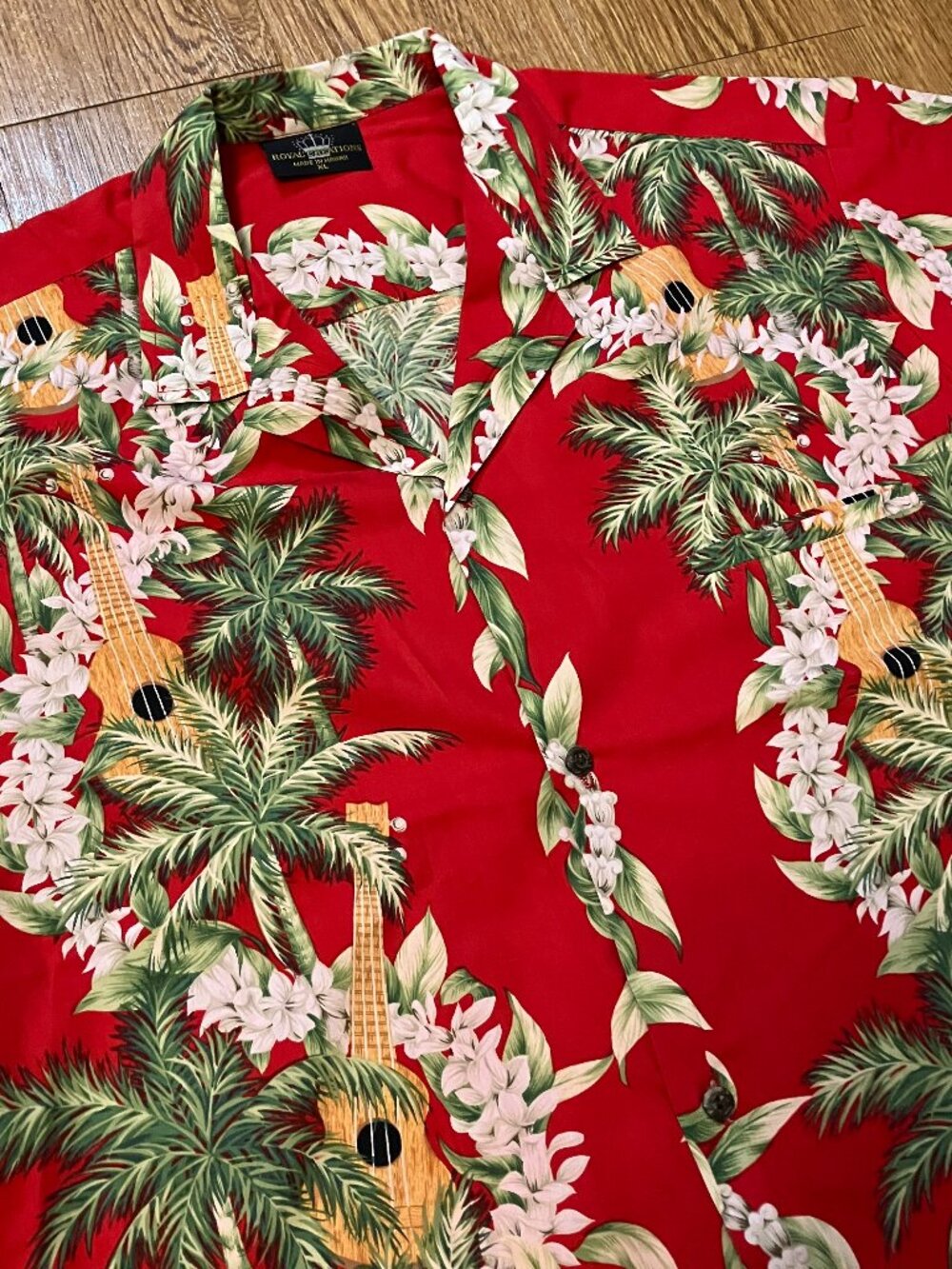 Vintage Hawaiian Shirt Red Ukulele Palm Flower Cotton Mens XL